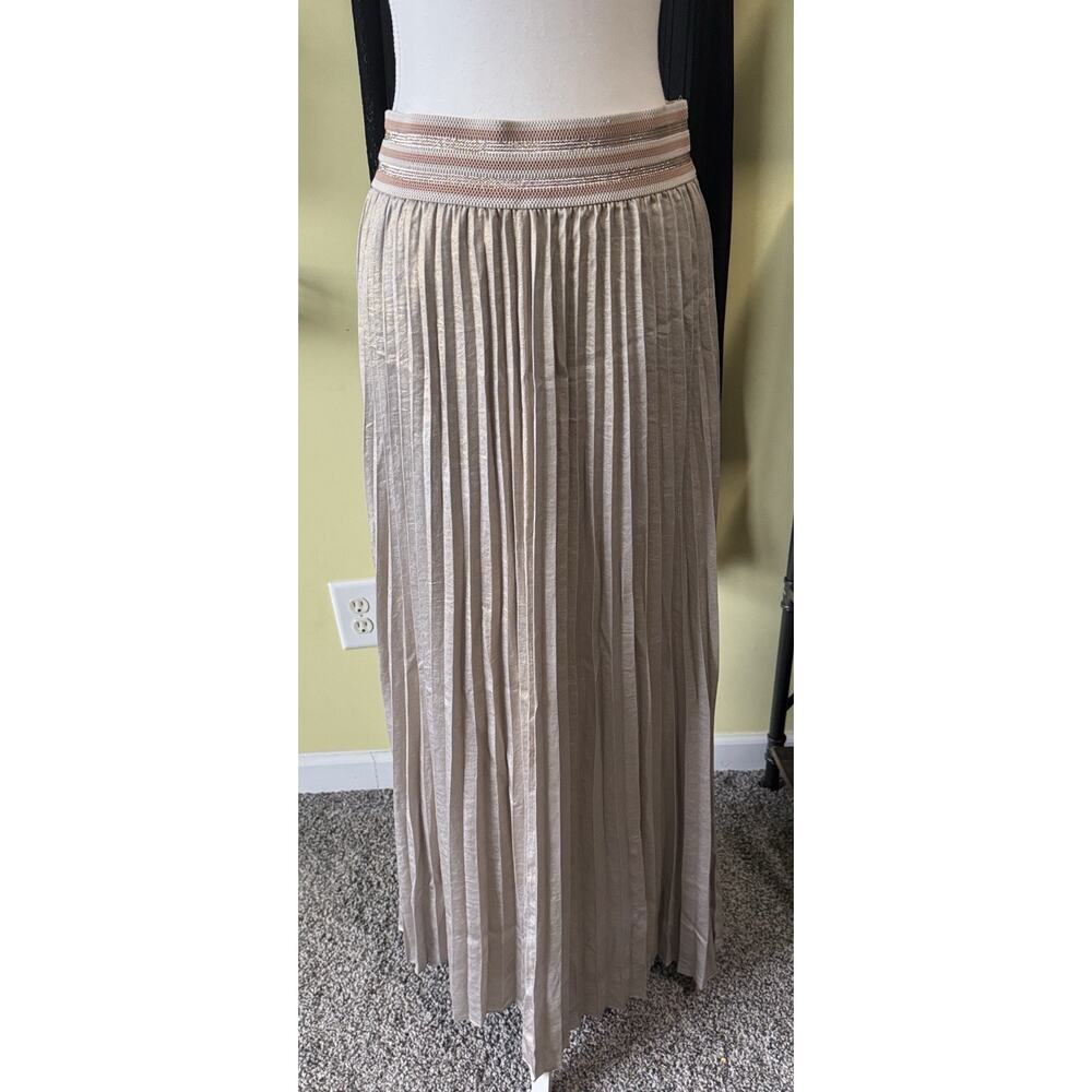 Anthropologie Gold Metallic Pleated Skirt Shimmer Champagne Boho Holiday Party